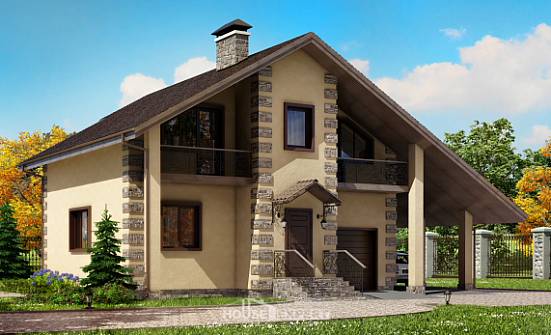 150-003-П Проект двухэтажного дома мансардой и гаражом, небольшой загородный дом из блока Майкоп | Проекты домов от House Expert