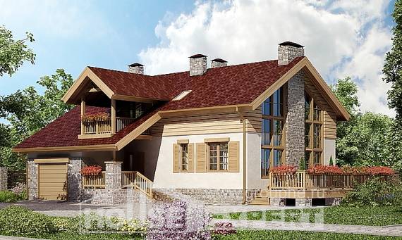 165-002-П Проект двухэтажного дома мансардой и гаражом, бюджетный дом из арболита Майкоп, House Expert